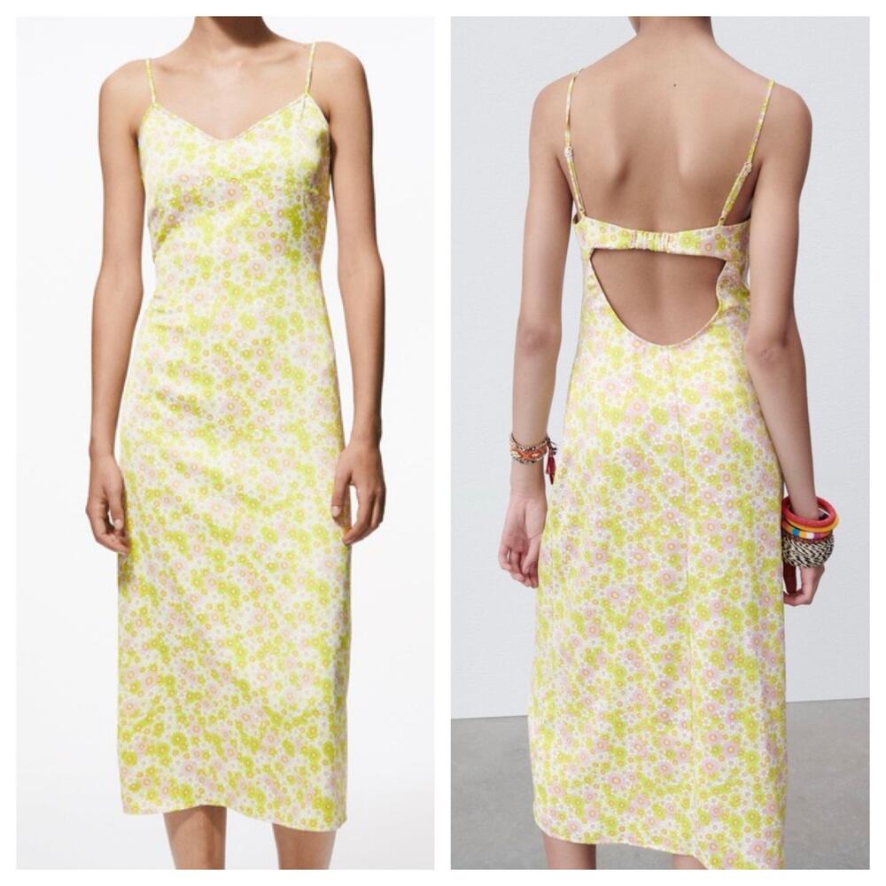 Zara Yellow Satin Floral Midi Slip Dress Small Open Back Retro 70s